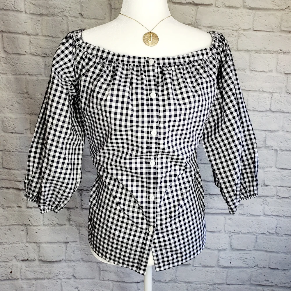 Black White Checkered Peasant Top 3/4 Sleeves | Gingham | Medium - Picture 4 of 13